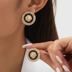 Regal Noir Lion Medallion Studs Earrings